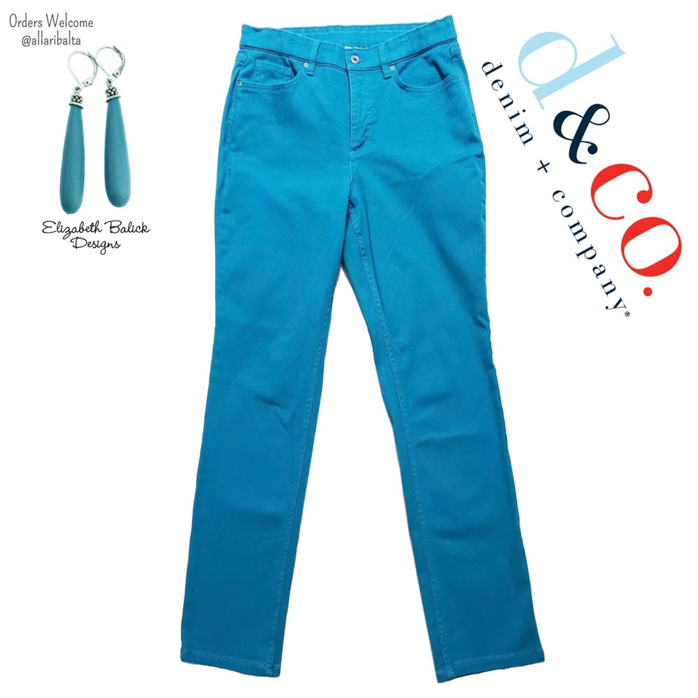 Denim & Co How Slimming Straight Leg Jeans. Summer Teal, Sz 10 Tall, Pristine